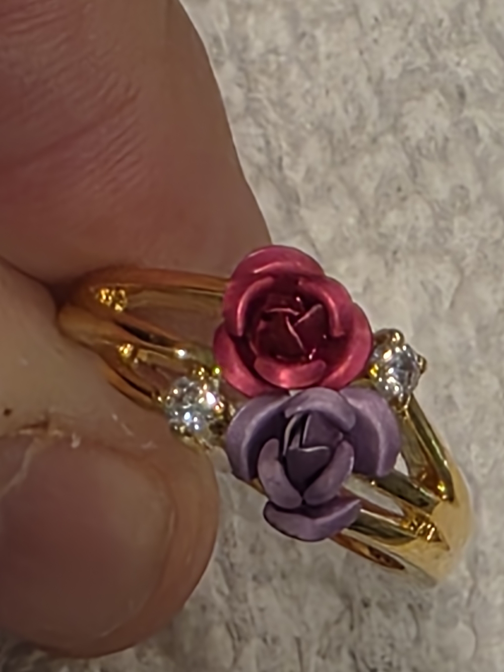 Gold-Tone Floral Ring with Pink and Purple Rose Accents And Stones Vintage